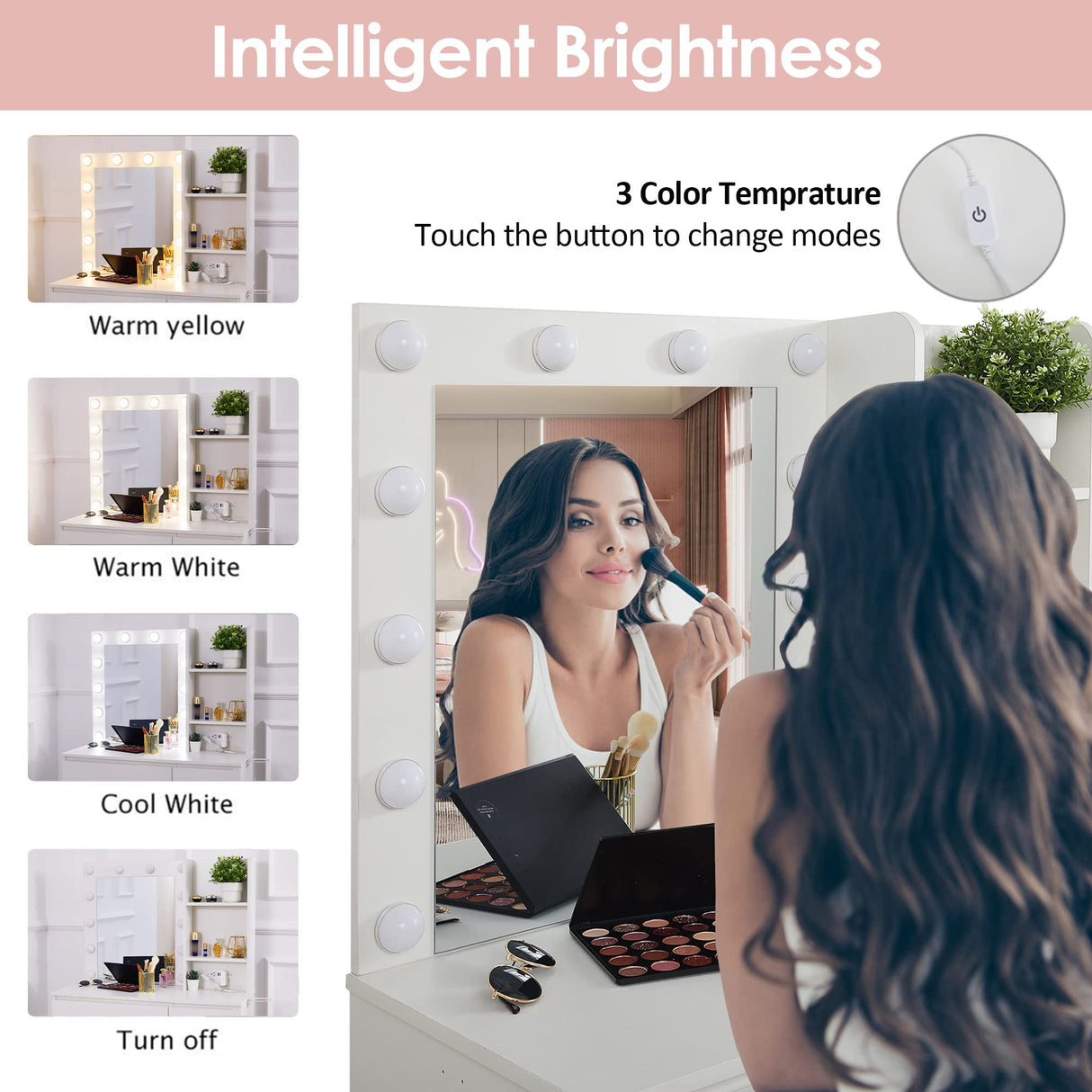 Vabches Makeup Vanity with Lights, 37inch Vanity Desk with Power Strip, 4 Drawers Makeup Table with Lighted Mirror, 3 Lighting Colors, White Vabches