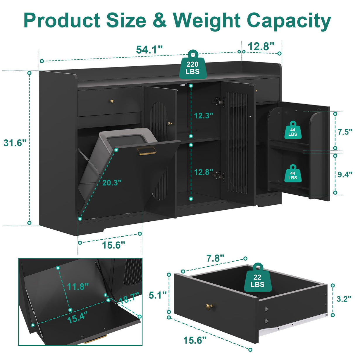 kepptory Large Kitchen Island with Storage, Kitchen Island with Trash Can & Adjustable Shelves & Drawers & LED Light, Kitchen Pantry Storage Cabinet for Home Office Use (Black, 13" D x 54" W x 32" H) kepptory