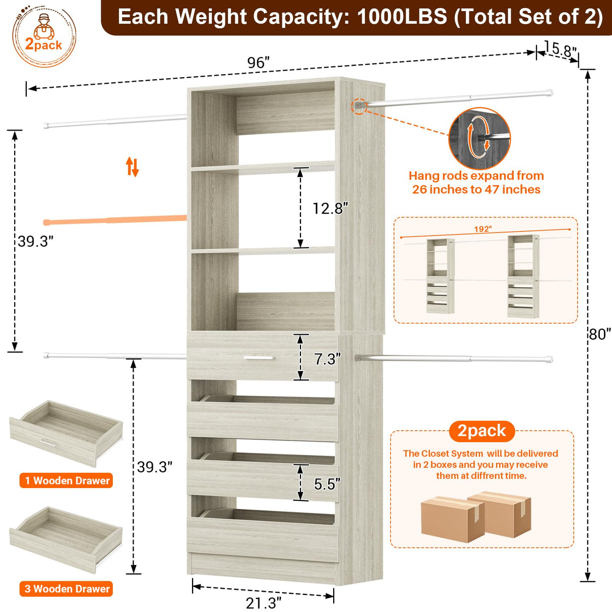 Aheaplus Closet System Set of 2, 4-9Ft Wood Closet Organizer with Drawers & Shelves, Closet Organizer System with 8 Hanging Rods, Walk-in Closets Organizer Wardrobe Closet Rack, White Oak Aheaplus