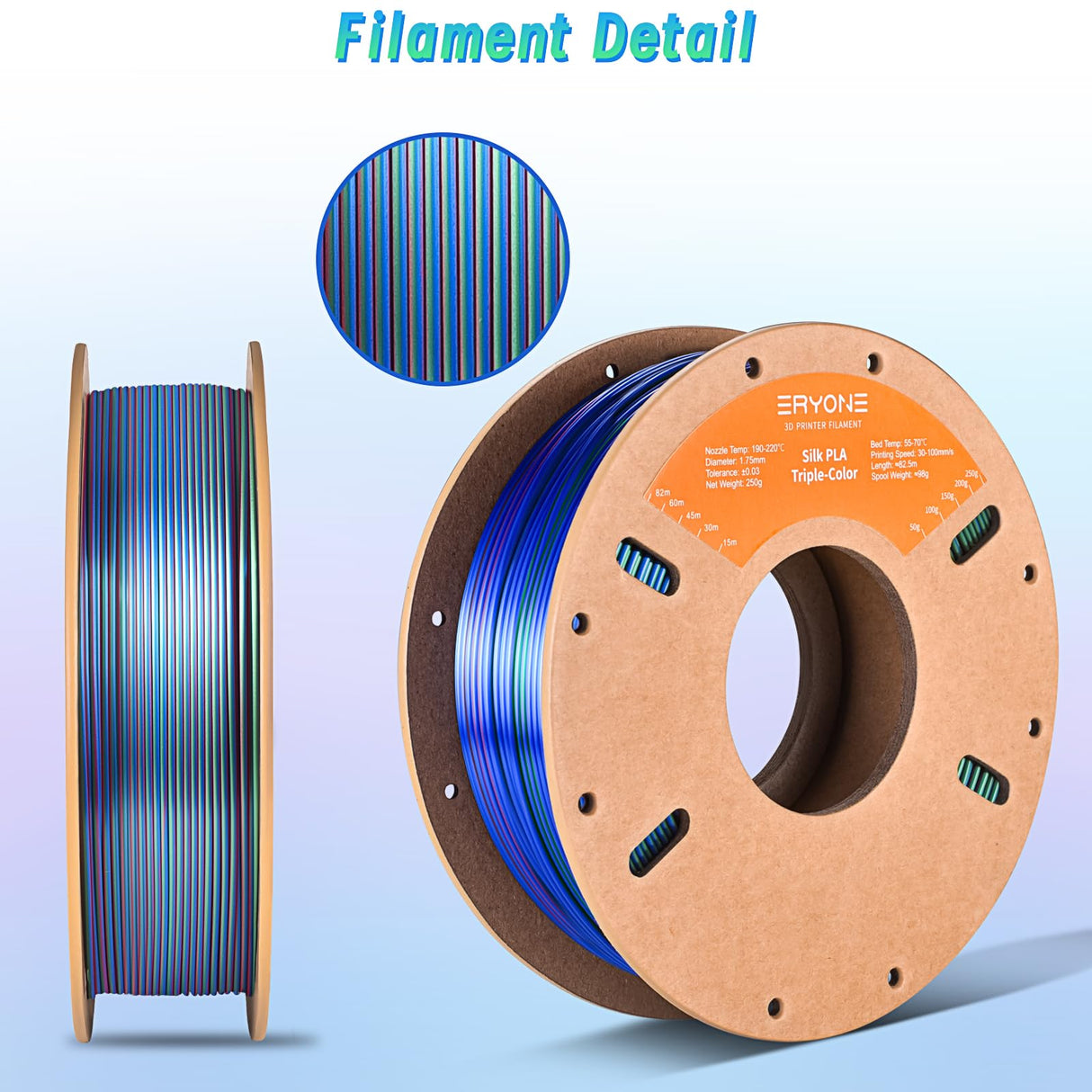 ERYONE Silk Tri Color PLA Filament 3D Printer 1.75mm +/- 0.03mm, Multicolor Filament Tricolor PLA 250G(0.55lbs) Cardboard Spool, Red Blue Green ERYONE