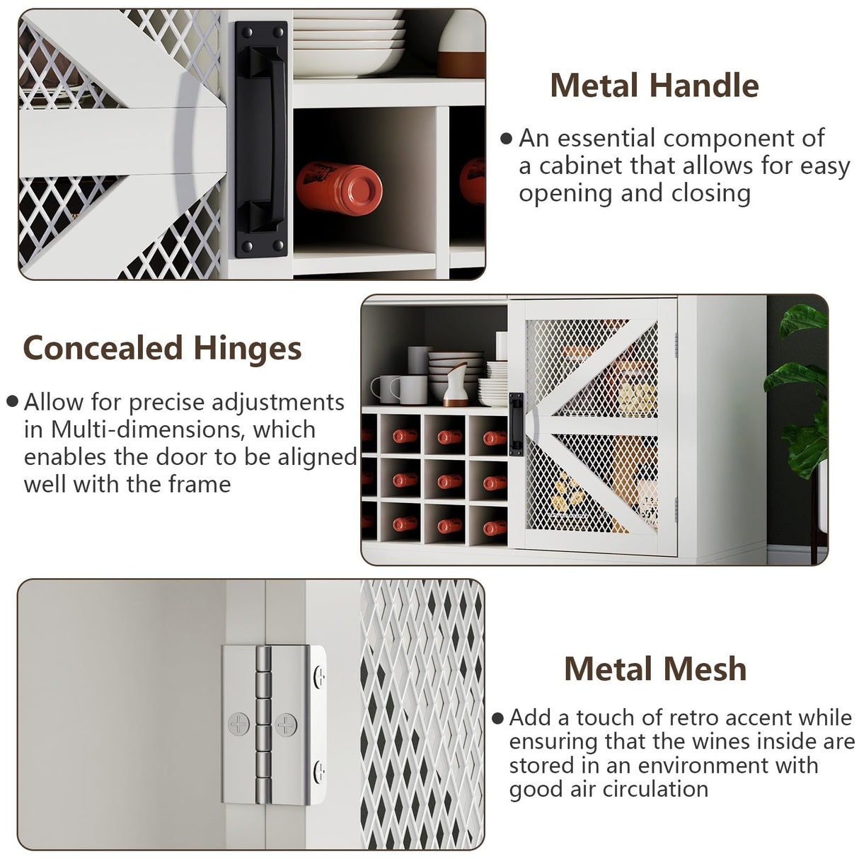 Gyfimoie Farmhouse Wine Bar Cabinet with LED Lights, Kitchen Coffee Bar Cabinet with Acrylic Mirror, Wine & Glass Rack, Storage Shelves and 3 Drawers (2-Tier Hutch) Gyfimoie