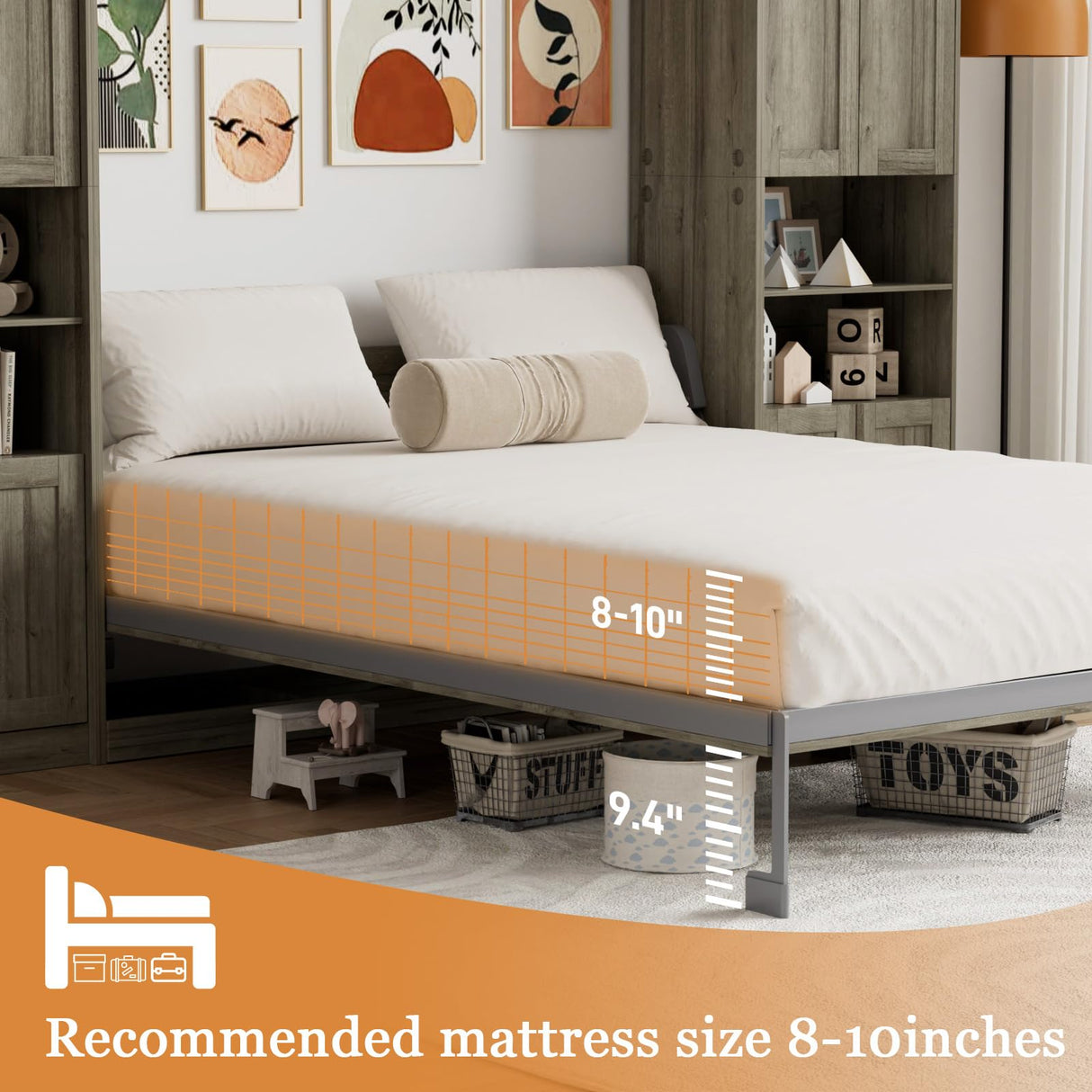 BEQAI Queen Murphy Bed with Storage Cabinets & 6 Adjustable Shelves, Foldable Space-Saving Queen Wood Wall Bedframe with USB Charging Port, Hidden Bedframe for Guest Room, Study, Home, Bedroom, Grey BEQAI