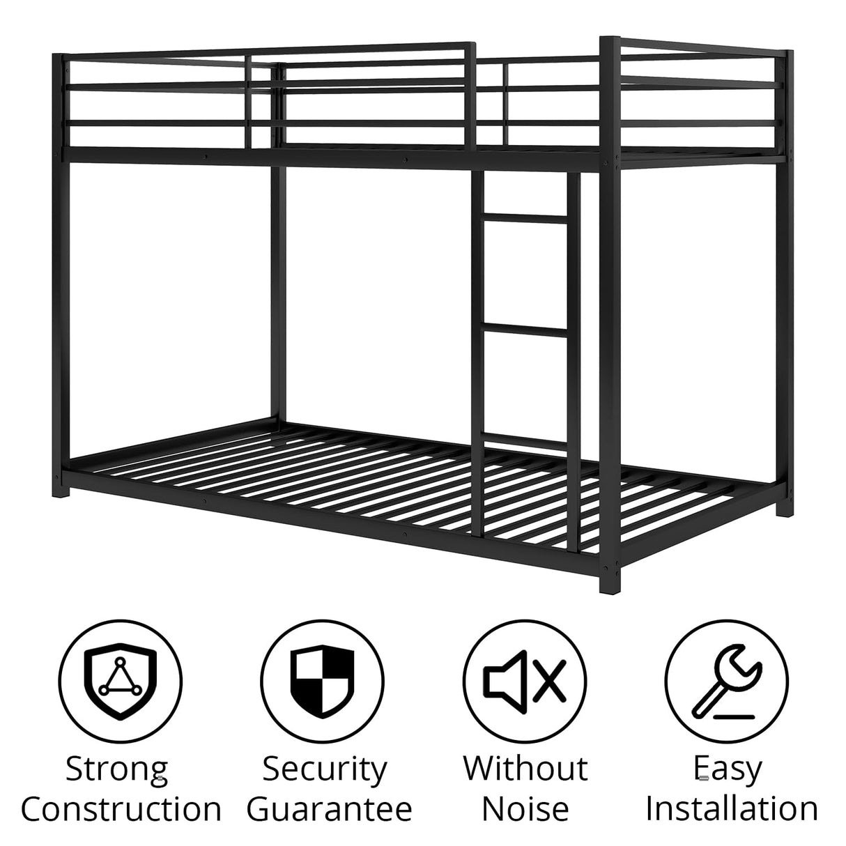 INCLAKE Twin Over Twin Bunk Bed, Heavy Duty Metal Bunk Bed Frame with Built-in Ladder and Safety Guard Rail, Low Bunk Bed for Teens Adults, Noisy Free & No Box Spring Needed, Black INCLAKE