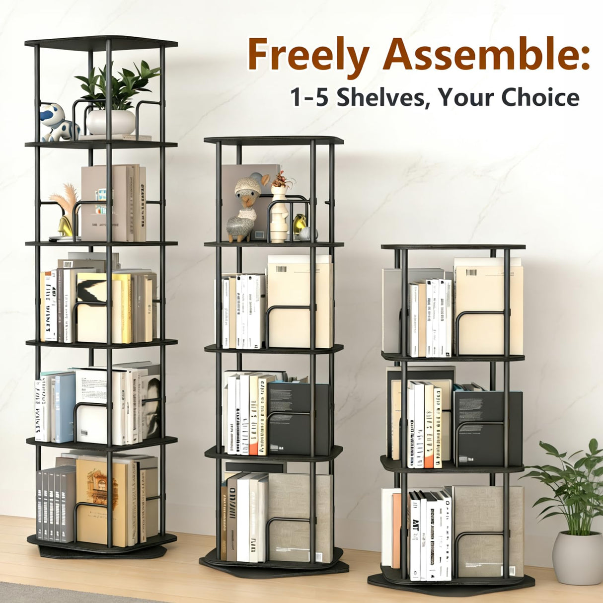 Lauxery 5 Tier Rotating Bookshelf, 360° Spinning Bookshelf Tower,Space Saving Floor Standing Corner Storage Organizer for Small Spaces, Square Revolving Bookcase for Home Office Living Room, Black Lauxery