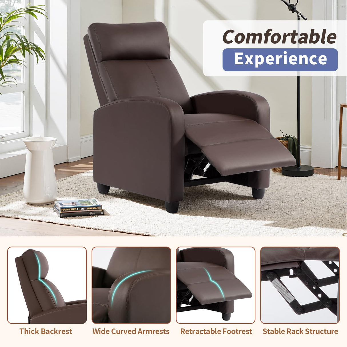 BestMassage | Recliner Chair | with 2 Point Massage Function | Leather Dark Brown | with Lumbar Support, Adjustable Push Back, Footrest & Padded Seat | Easy Assembly | for Living Room, Home Theatre BestMassage