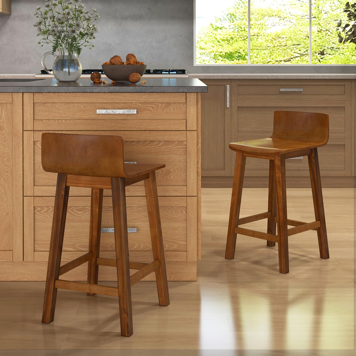 COSTWAY Solid Wood Bar Stools Set of 2, 24.5-inch Counter Height Chairs with Low Back and Footrest, Farmhouse Wooden Armless barstools for Kitchen Island, Dining Room, Cafe, Breakfast, Brown COSTWAY
