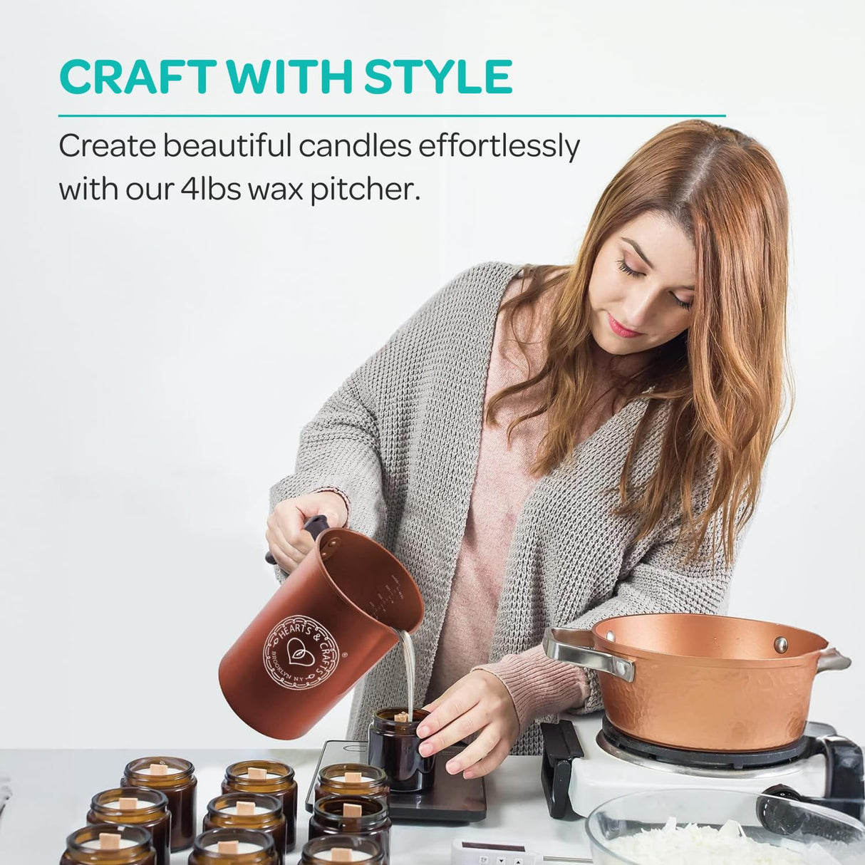 Hearts & Crafts Candle Pots, 64oz - Candle Wax Melting Pot - Aluminum Candle Making Pouring Pot for 4lb. Melted Wax, Copper Color - Best for Candles, Arts & Crafts, and More Hearts & Crafts