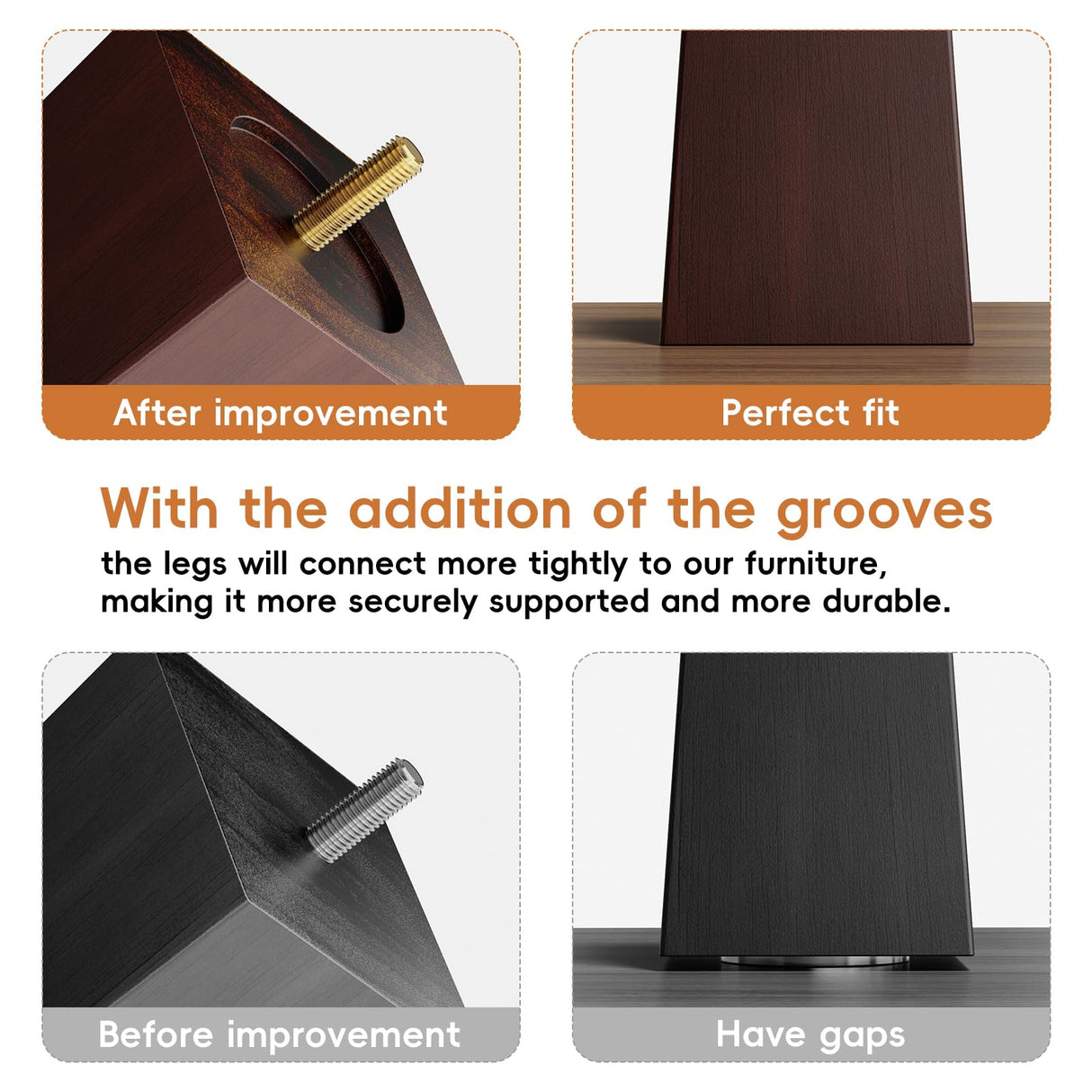 6 Inch Wooden Sofa Legs Set of 4, Brown Square Wood Furniture Feet Couch Legs, Mid Century Modern Dresser Replacement Feet for Chair Cabinet Armchair Recliner Table Or Home DIY Projects Bun Feet GOSCHE