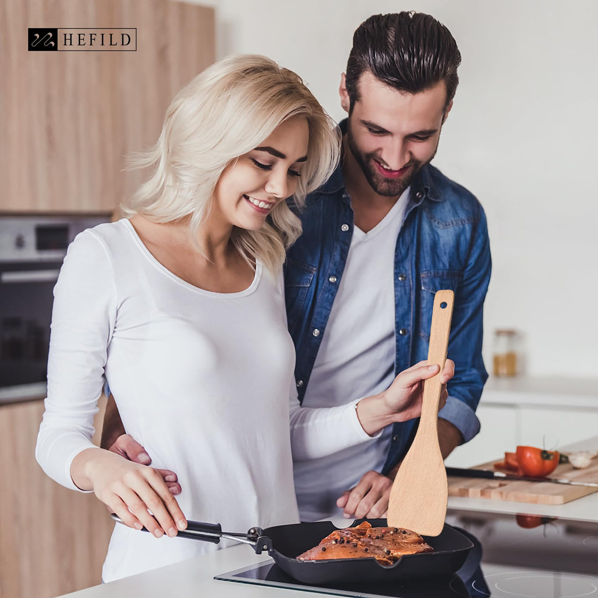 Hefild 2PCS Wooden Spatulas for Cooking, 13inch Uncoated Beech Wood Turners for Frying, Non-Scratch Wood Flat Spurtle for Pan & Wok, Wooden Cooking Utensils for Non Stick Cookware, Long Handle Scraper Hefild