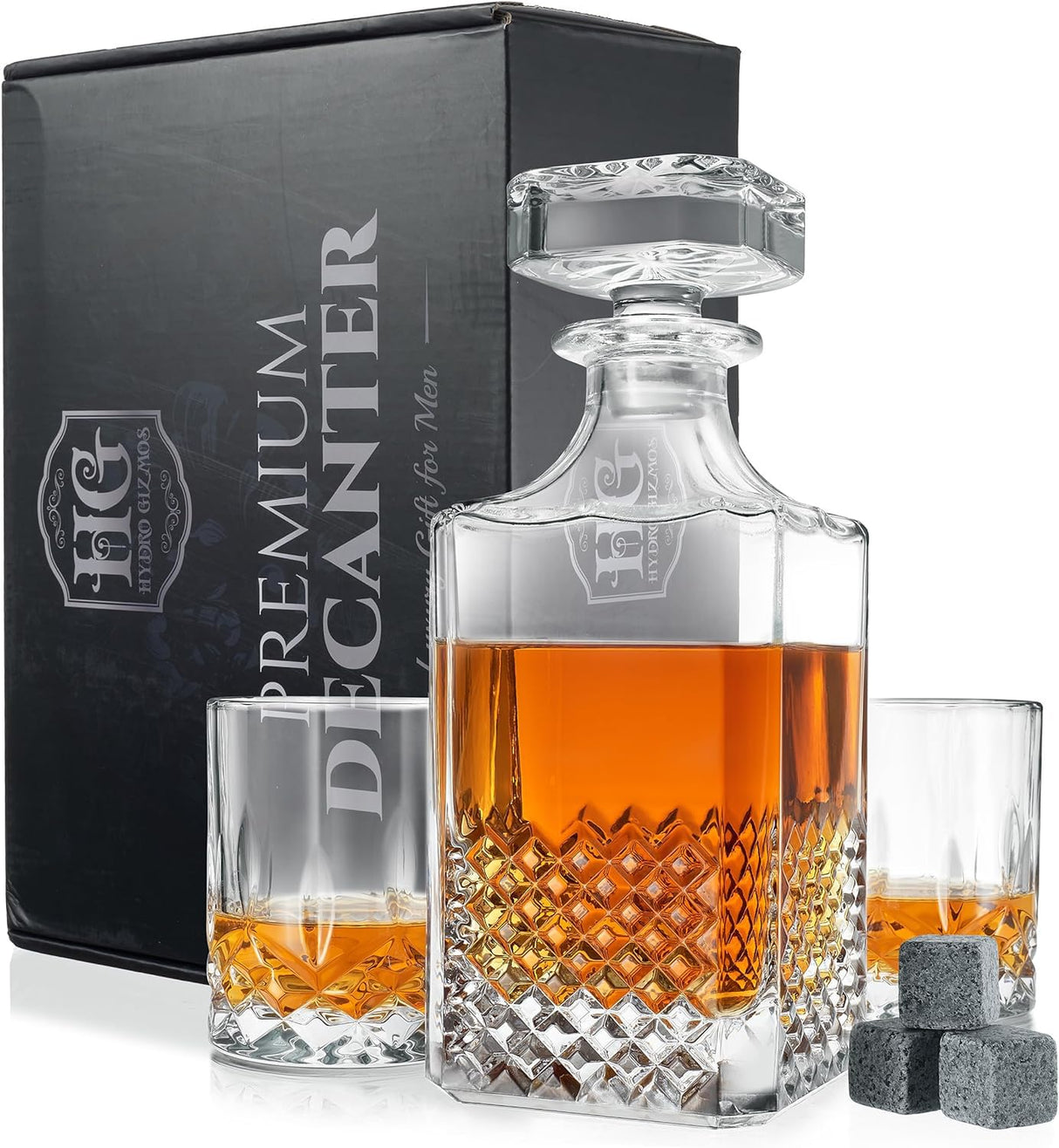 Luxury Gift For Men – Whiskey Decanter Set For Beloved Husband Or Dad Birthday Gift – 2 Whiskey Glasses And Decanter Set Is a Great Gift Idea for Whisky, Bourbon, Scotch lovers Hydro Gizmos