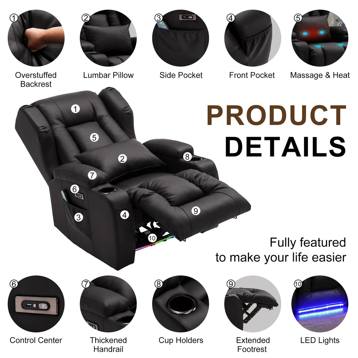 DRMBOOK Power Recliner Chair, Electric Wall Hugger Reclining Sofa with Massage & Heat, Overstuffed Theater Seating with LED/USB Port/Cup Holders for Living Room (Leather Black, 1 Chair) DRMBOOK