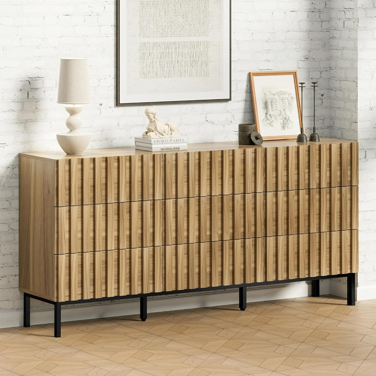 UEV 9 Drawer Dresser for Bedroom, 59" Mid Century Style Fluted Dresser with 9 Drawers,Long Chest of Drawers TV Stand for Bedroom,Hallway UEV