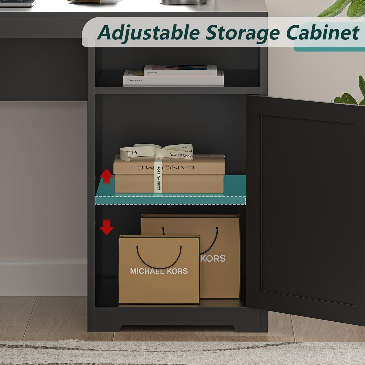 YOMILUVE 63" Farmhouse L Shaped Desk with Drawers & Storage Shelf, Corner Computer Desk with Power Outlets for Home Office, Executive Desk with Monitor Stand, Printer Shelf, Black YOMILUVE