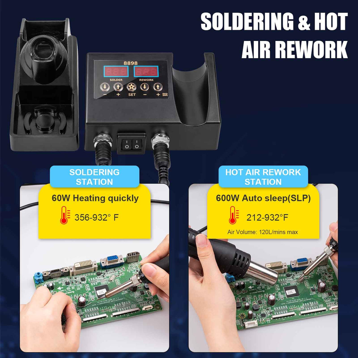 Defabee 14pcs Soldering Station, 2 in 1 Hot Air Functions Digital Display Soldering Iron Soldering Kit, 8898 Portable SMD Rework Station, ºC/ºF Cool/Hot Air Conversion and Auto Sleep Defabee