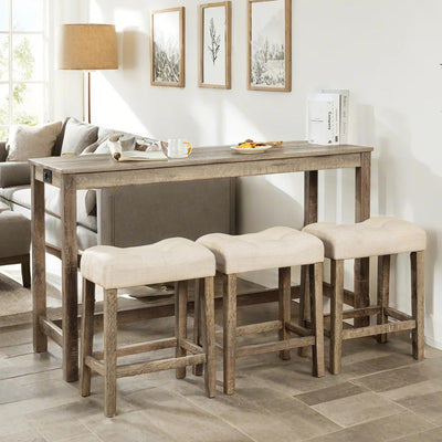 YWUFUART 59" Counter Height Bar Table Set with Power Outlet, Industrial Breakfast Table with 3 Padded Stools, 4 Piece Bar Table and Chairs Set for Living Room, Dining Room, Brown