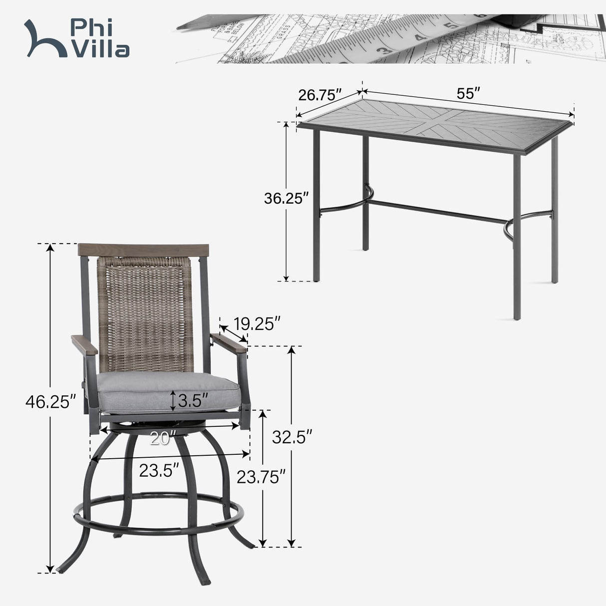 PHI VILLA 5 PCS Outdoor Counter Height Table and Chairs,Swivel Outdoor Bar Chairs with Grey Cushion and Metal bar Table for All Weather,Patio High Dining Set for Indoor,Garden,Yard PHI VILLA