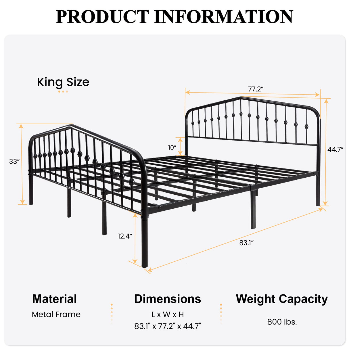 Victorian-Style King Size Metal Platform Bed Frame with Wrought Iron Headboard and Footboard in Black SHA CERLIN