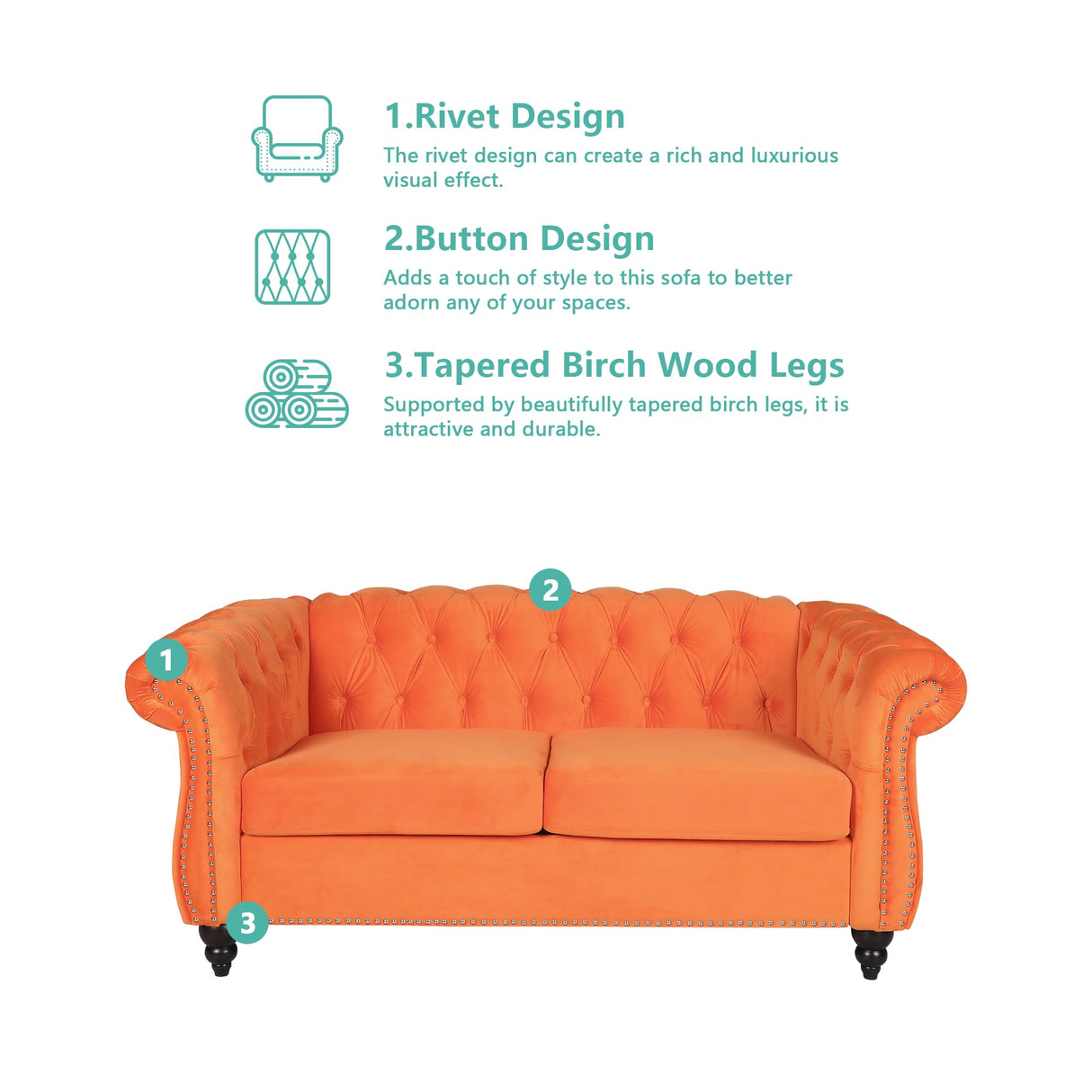 QHITTY Accent Sofa, Chesterfield Loveseat Modern Velvet Couch Upholstered Sofa with Tufted Back for Living Room Furniture (Orange) QHITTY