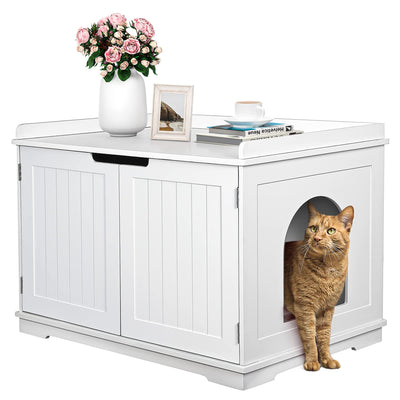 ZENY Cat Litter Box Enclosure, Cat Litter Box Furniture Hidden, Wooden Cat Litter Cabinet with Divider, Modern Cat Washroom Storage Bench,Fit Most of Litter Box, White