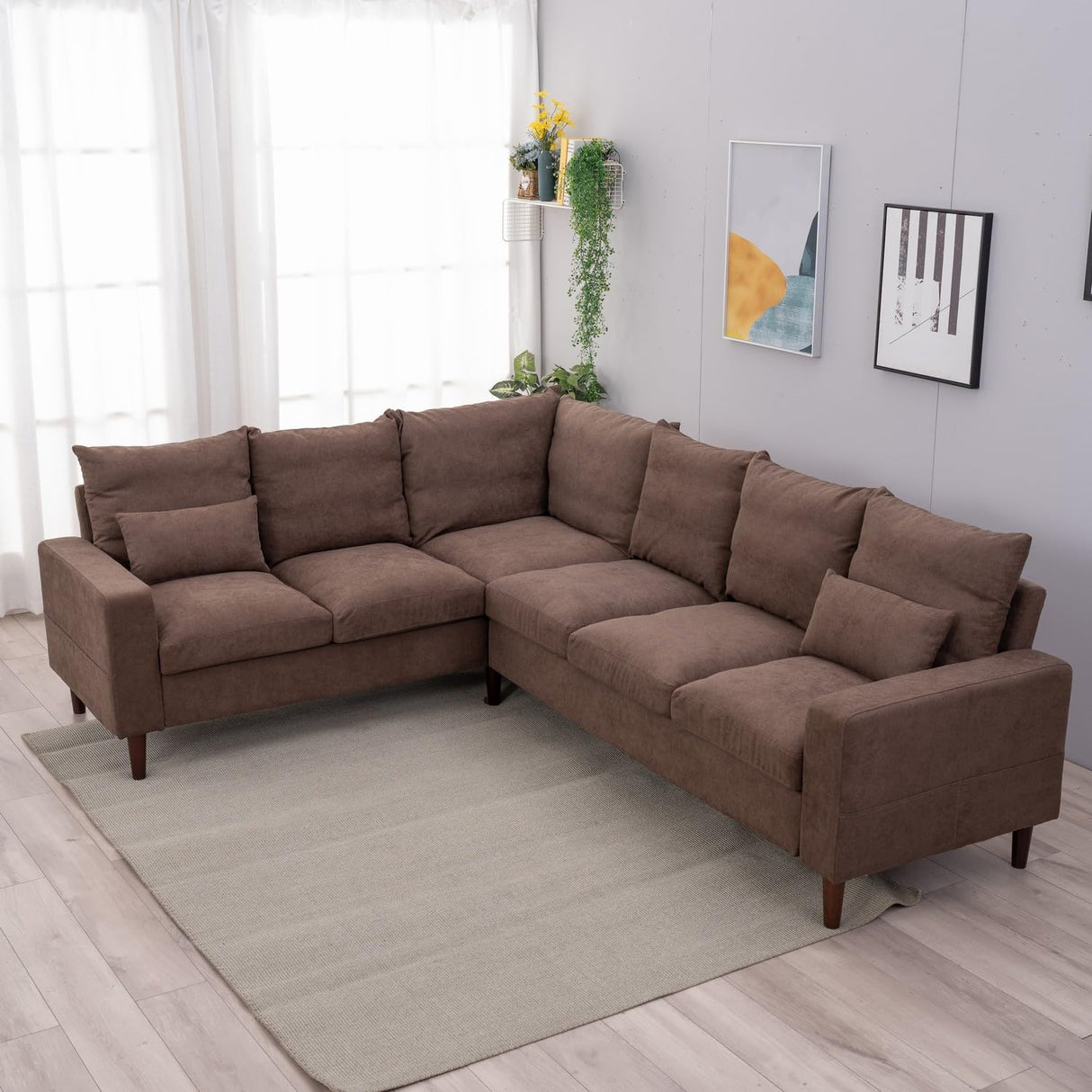 Panana 6 Seats Linen Fabric Large SECTIONAL Corner Sofa Settee - Sofa for Living Room-Left/Right-Hand Side Sofas, Brown Panana