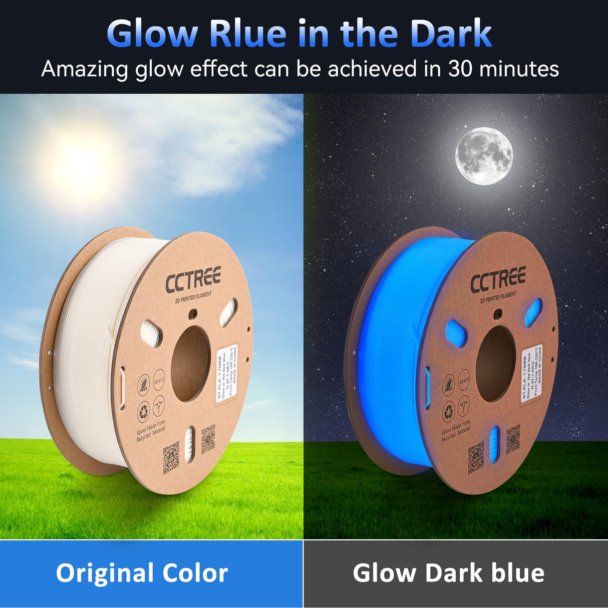 CCTREE Glow in The Dark PLA Plus (PLA+) Filament 1.75mm, Glow 3D Printing Filament PLA Pro, Dimensional Accuracy +/- 0.03mm, 1KG Spool (2.2 lbs), Fit Most FDM 3D Printers, Glow Blue CCTREE