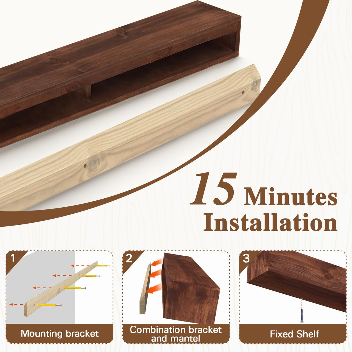 Eshoma Fireplace Mantel, 72 in Handcrafted Mantel Shelf for Over Fireplace, Wood Mantel with Invisible Heavy Duty Wood Bracket, Floating Mantel Shelf, Brown Eshoma