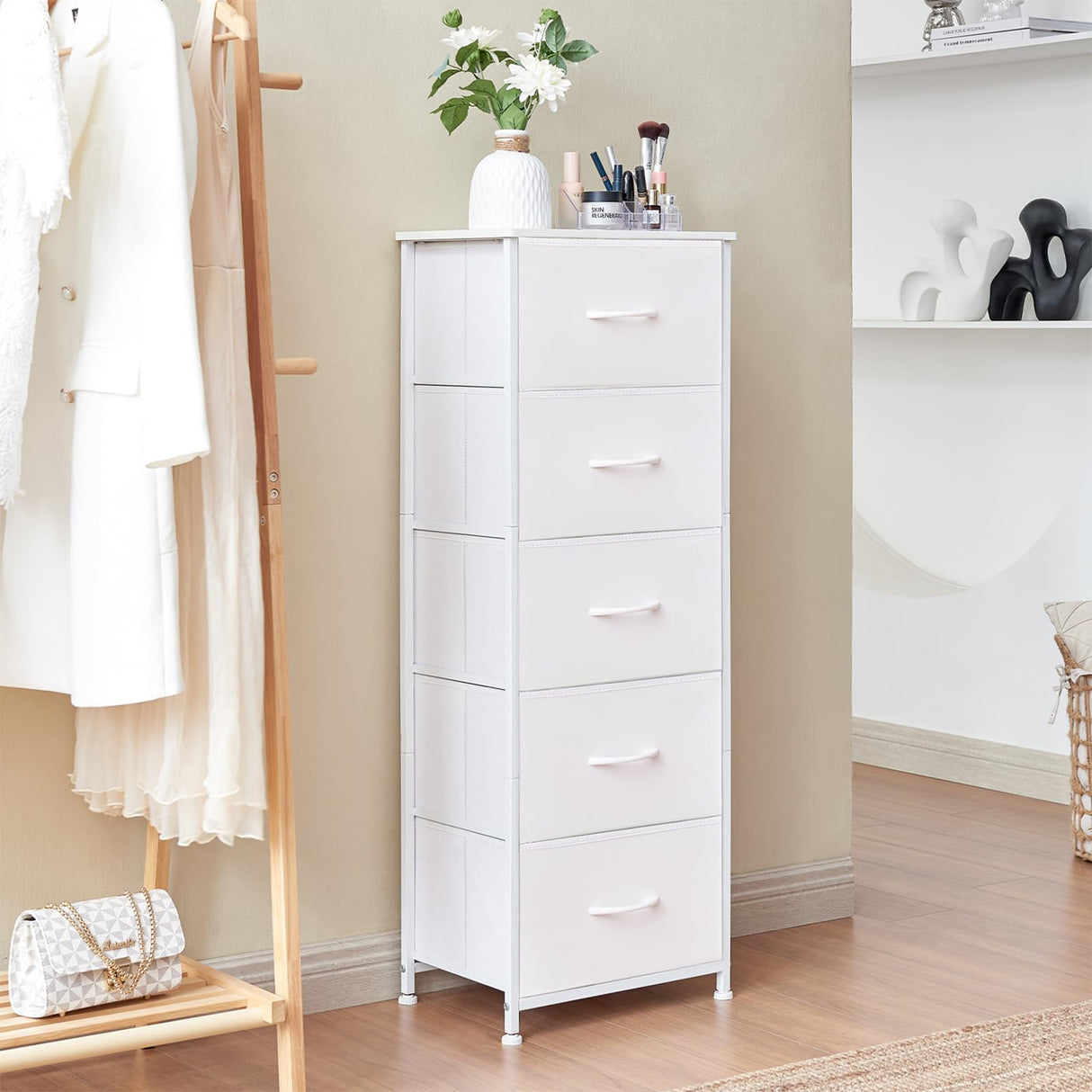 Somdot Dresser for Bedroom,Chest of Drawers Storage Organizer,Steel, MDF,Non-Woven Fabric Drawers,Closet Bedside Living Room Entryway Hallway,11.8" D x 16.5" W x 45.1" H (5 Drawers) White Leather,1 Somdot