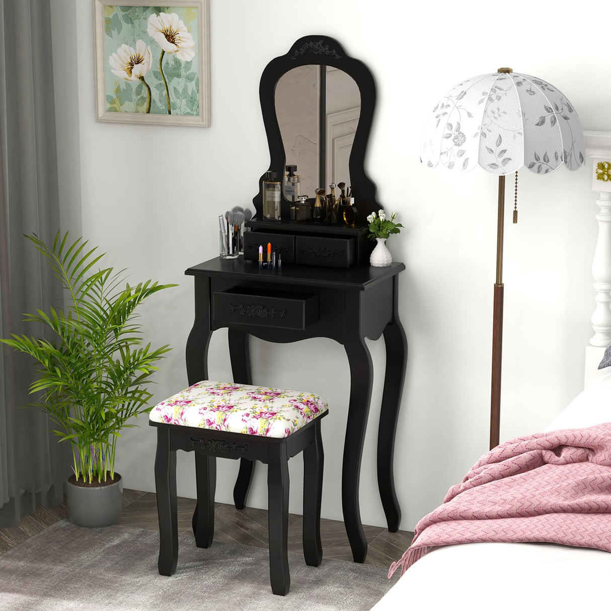 Giantex Small Vanity Desk Set, Black Makeup Vanity Table with Mirror, Cushioned Stool, 3 Storage Drawers, 20 inch Girls Dressing Table for Small Space Bedroom Giantex