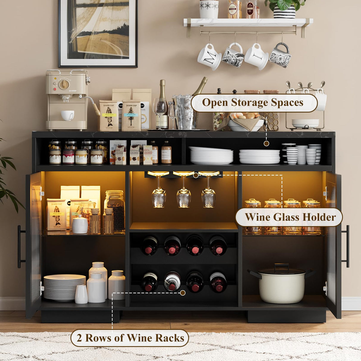 SOLACE FURNITURE Sideboard Buffet Cabinet, 54" Kitchen Cabinet with LED Lights & Arched Glass Doors, Tall Bar Cabinets with 2 Adjustable Shelves, Wine Rack & Storage Table for Dining Room, Black SOLACE FURNITURE
