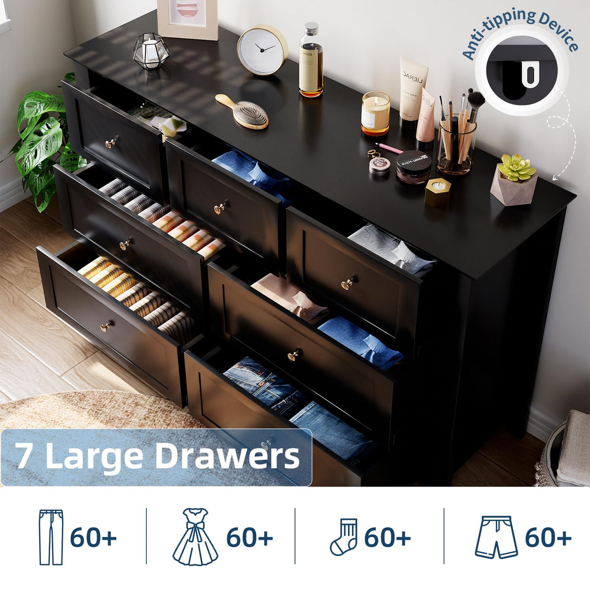 GAOMON 7 Drawers Dresser for Bedroom, 53.9" W Farmhouse Wood Dressers & Chest of Drawers for Clothes, Tall Storage Dressers Organizer with Deep Drawers for Living Room, Closet, Hallway, Black GAOMON