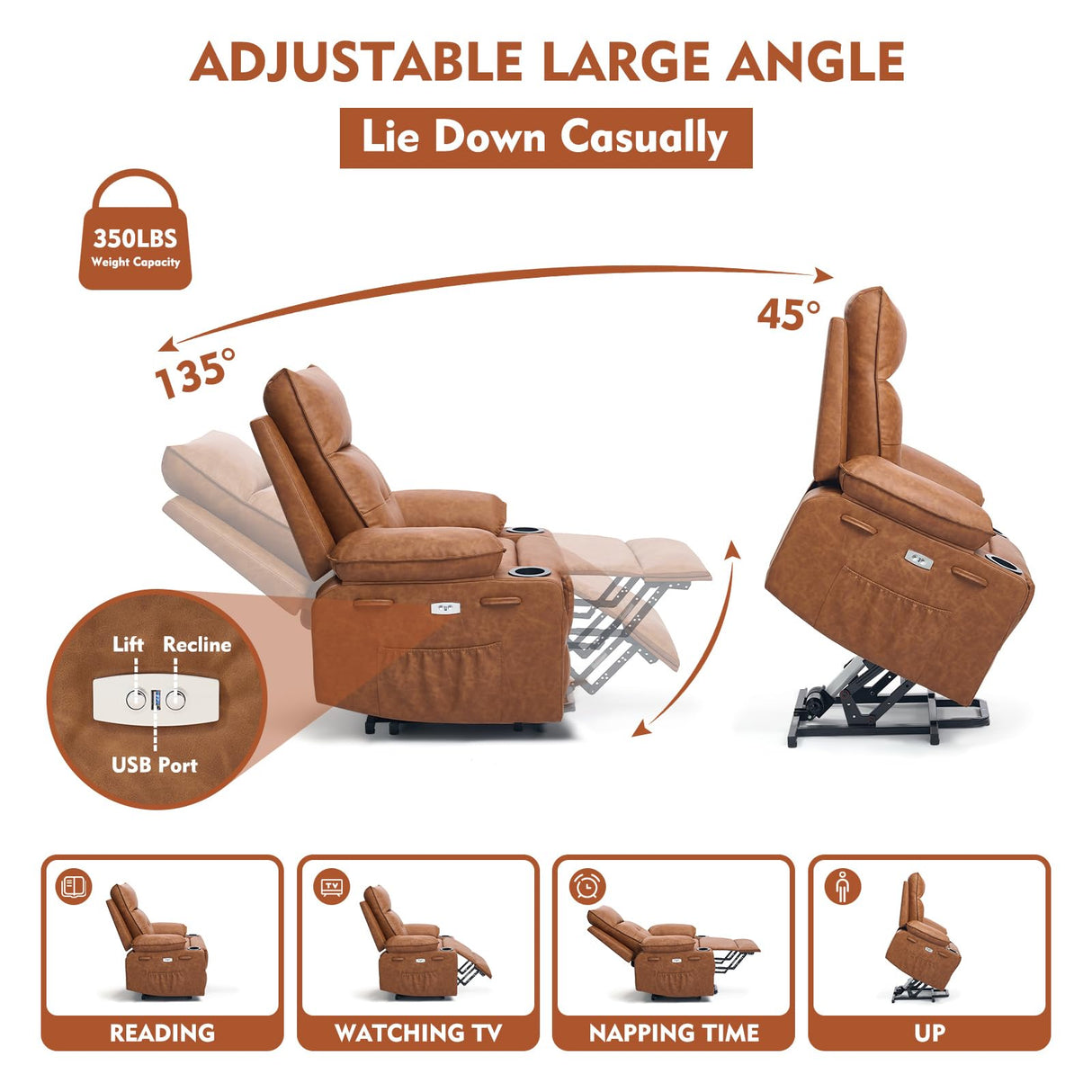 Polar Aurora Power Lift Chair for Elderly,Electric Recliner Chair with Vibrating Massage & Heating,Living Room Chair with Thickened armrest,USB Ports,2 Cup Holders,Brown Polar Aurora