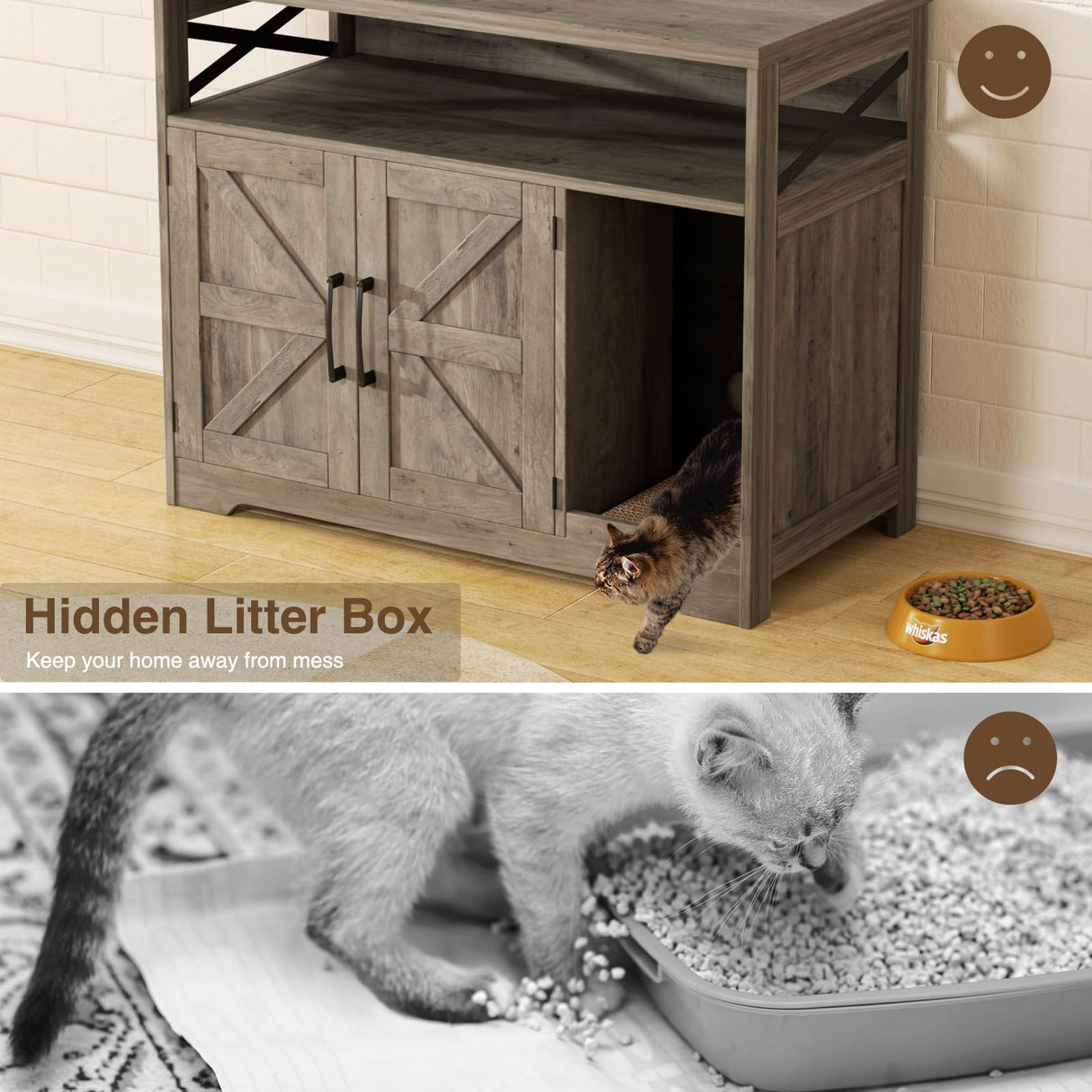 Halitaa Cat Litter Box Enclosure,Hidden Litter Box Furniture Cat Washroom with Cat Scratch Pad,Farmhouse Indoor Cat House End Table,Grey Halitaa
