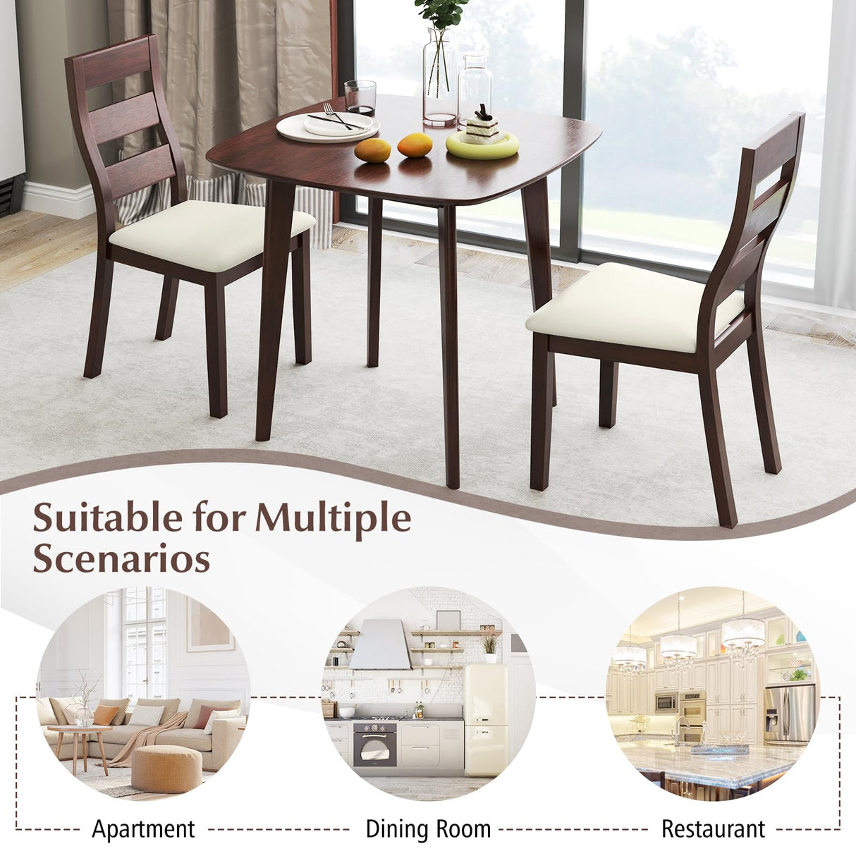 Giantex 3-Piece Dining Table Set for 2, Wooden Square Kitchen Table and 2 Chairs with Padded Seat, Ladder Back, Space-Saving Dinette Set for Small Spaces, Living Room, Dining Room Giantex