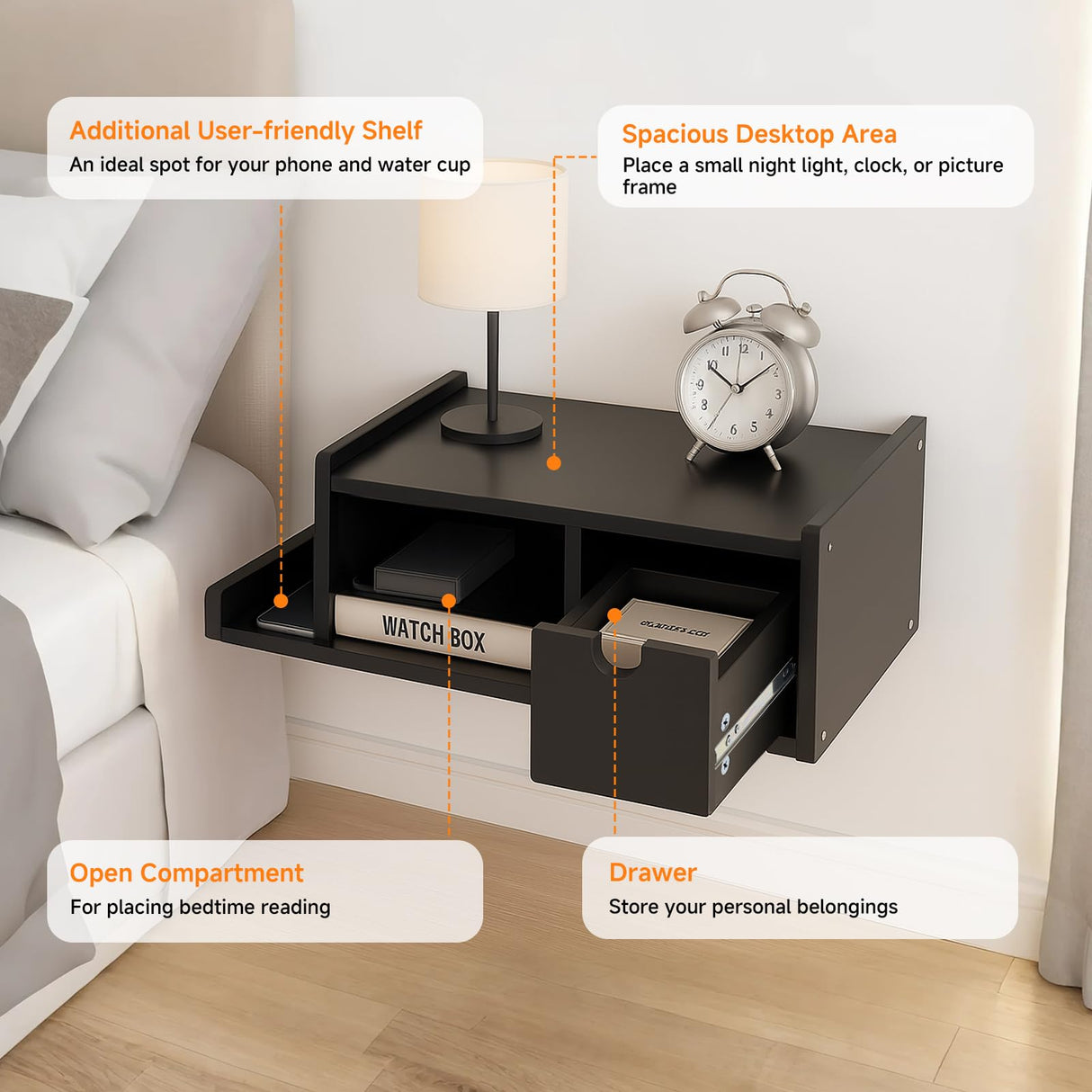 DongRong Floating Nightstand with Drawer & Shelf,Wall Mounted Bedside Table for Small Bedrooms,Modern Black End Table with Space Saving Design DongRong
