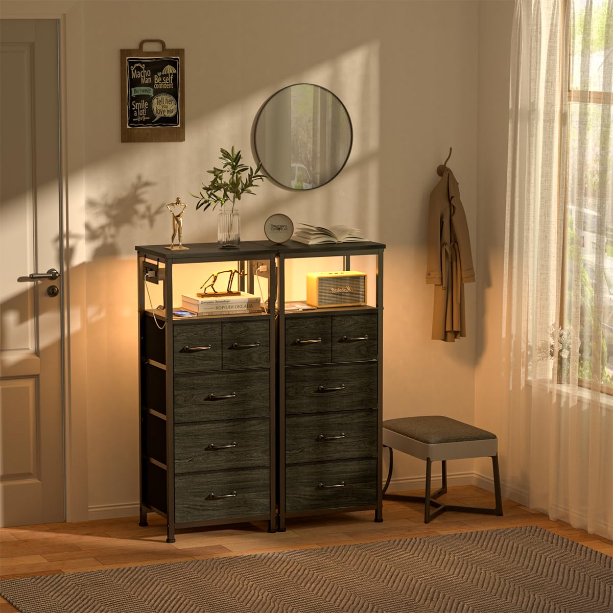 Furnulem Vertical Dresser with Charging Station and LED Lights, Black Chest of Drawers with Shelf and 5 Fabric Bins, Tall Nightstand for Entryway, Closet, Bedside Table, Wood Top, Bedroom Furniture Furnulem