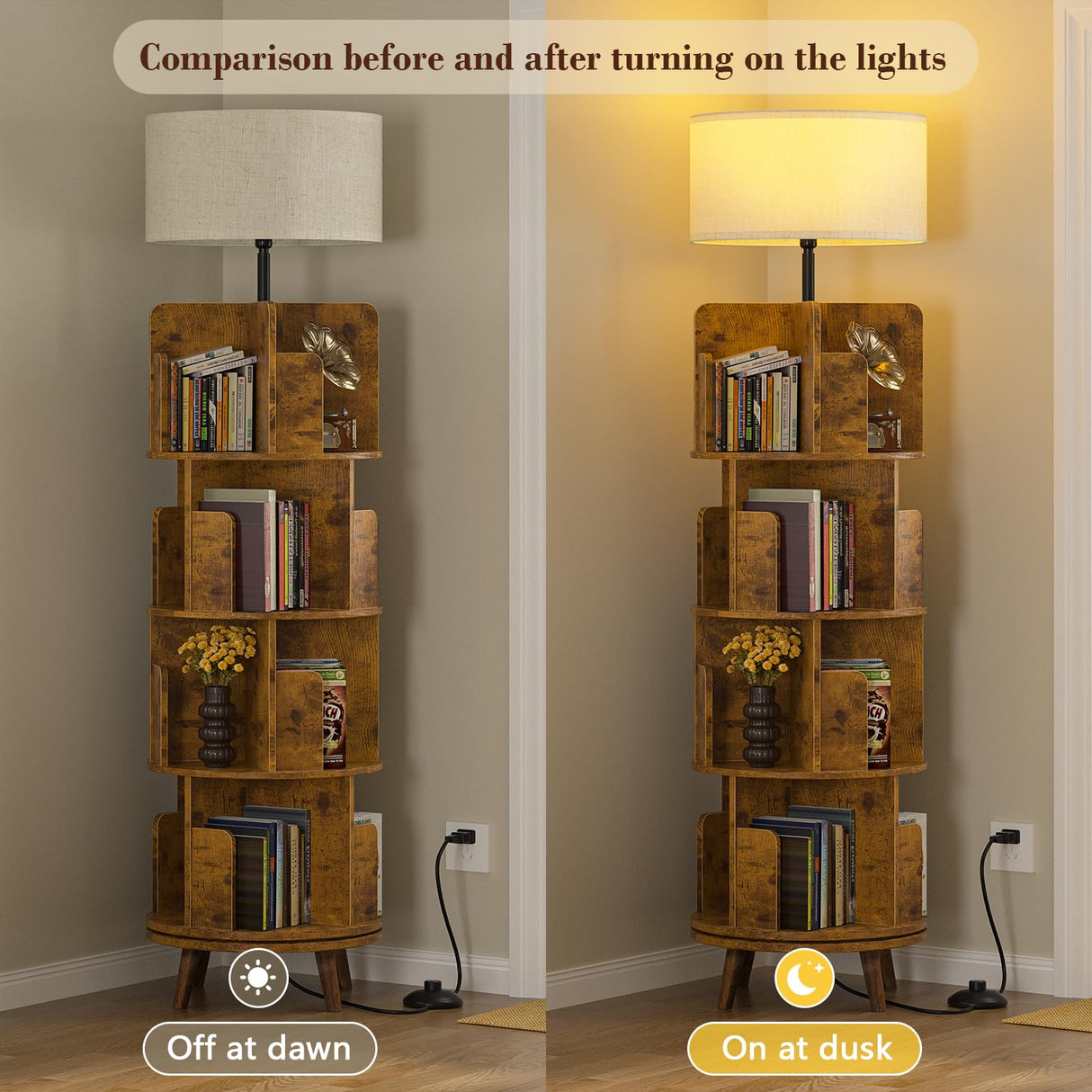 TVU 4Tire Rotating Bookshelf with Light, 360 Degree Spinning Book Shelf Tower, 4-Tier Circular Bookcase for Small Spaces, Fits Any Corner, for Study、Living Room、Bedroom、Office, Flame Finish TVU