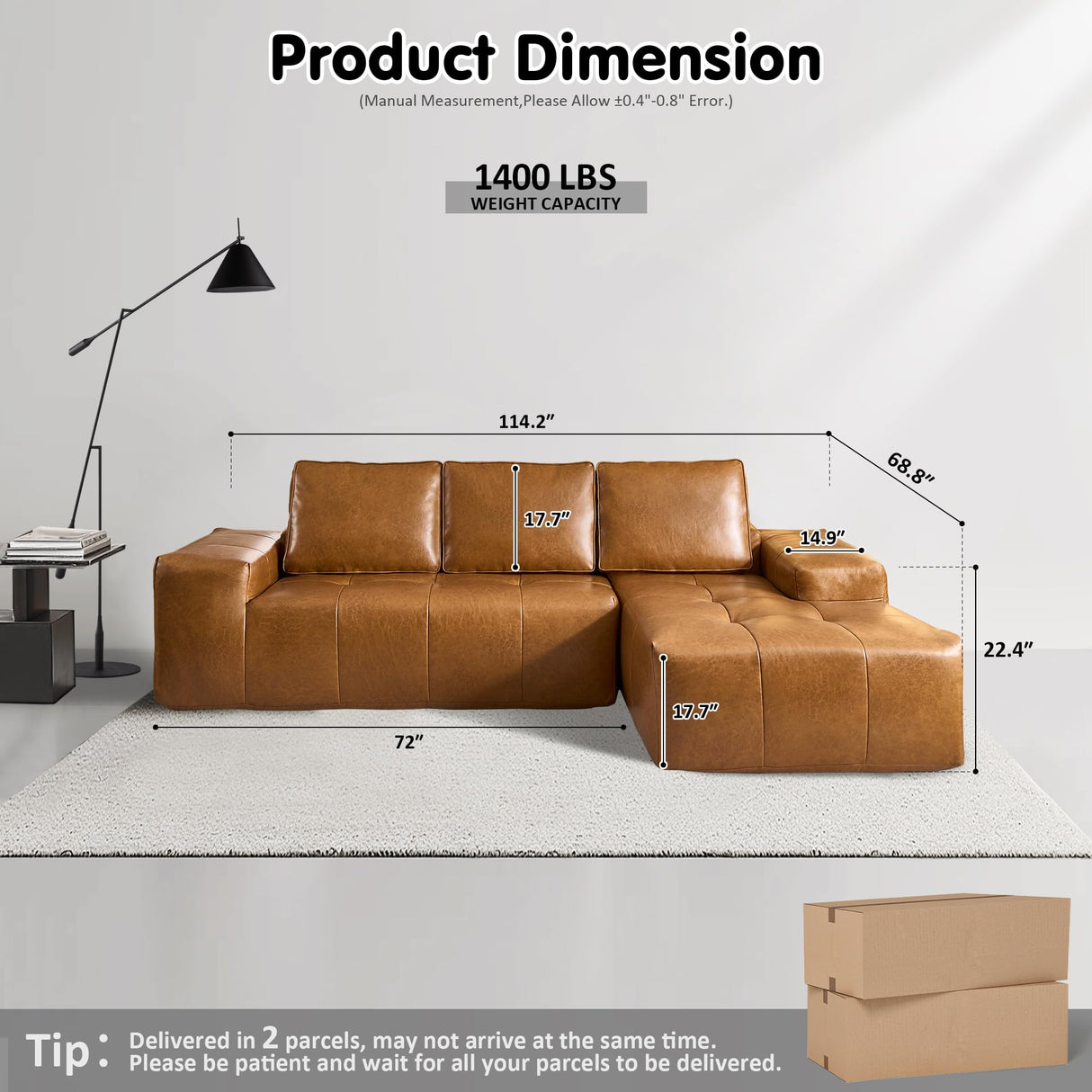 ovios Sectional Cloud Couch for Living Room, Modular Floor Sofa with Plush Corduroy, No Assembly Required, Big Comfy Couches Set with Fluffy Memory Foam, Stupendous U Shaped Sofas with Chaise, Brown ovios
