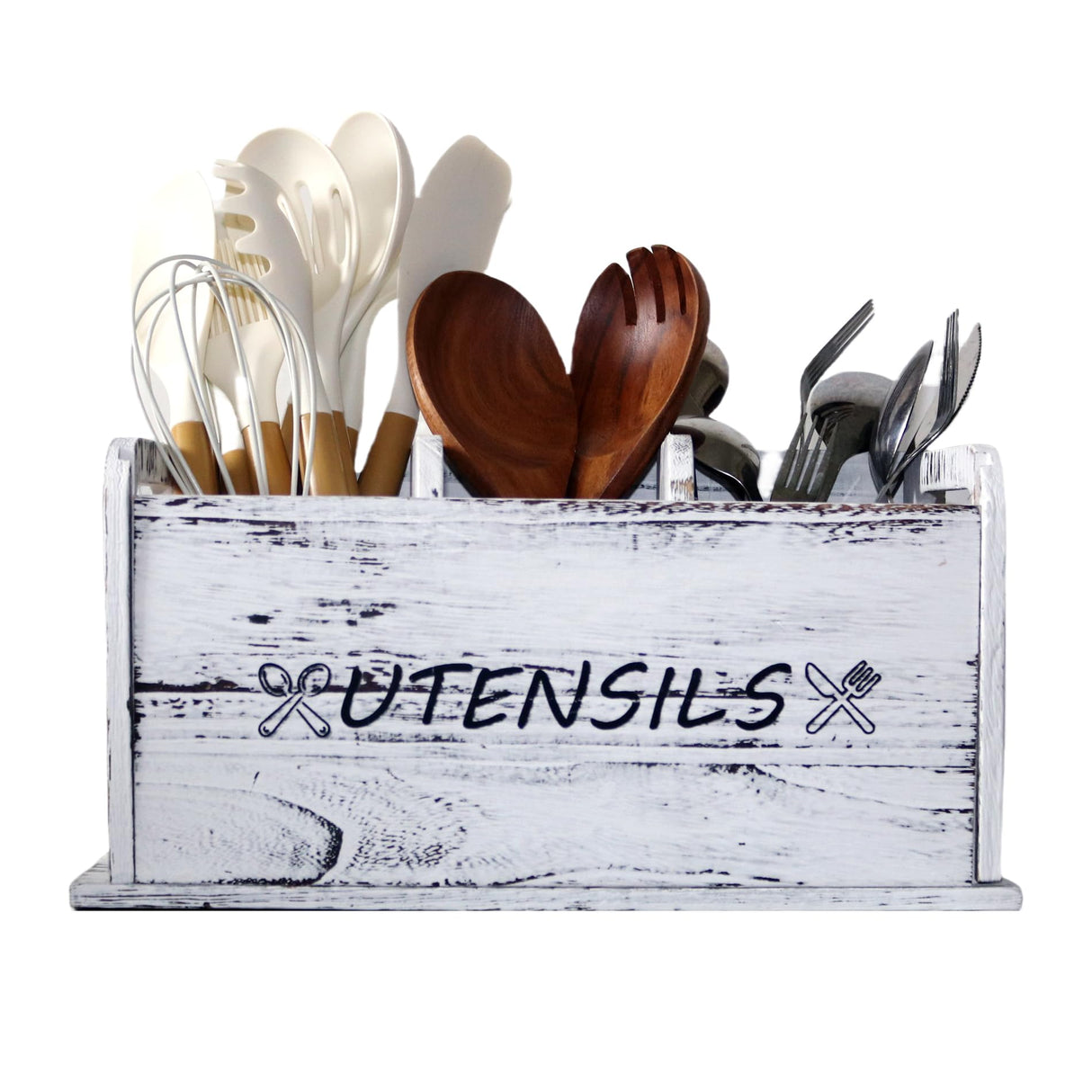 ST-BEST-P Utensil Holder Rustic Wood White Large Farmhouse Spatula Organizer for Kitchen counter Farmhouse,Countertop,Cooking Tools Storage (White) ST-BEST-P