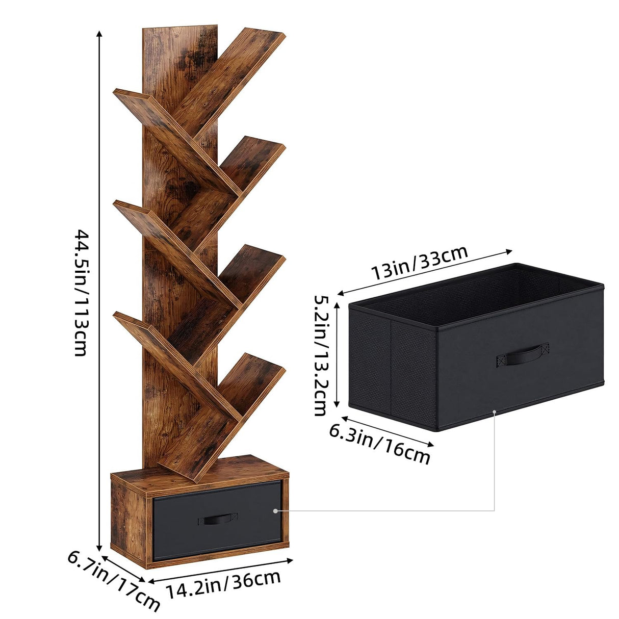 SUPERLELE 6 Shelf Bookshelf with Drawer, Retro Tree Bookcase Floor Standing Bookcase for CDs/Movies/Books, Utility Book Organizer Shelves for Bedroom, Living Room, Home Office SUPERLELE