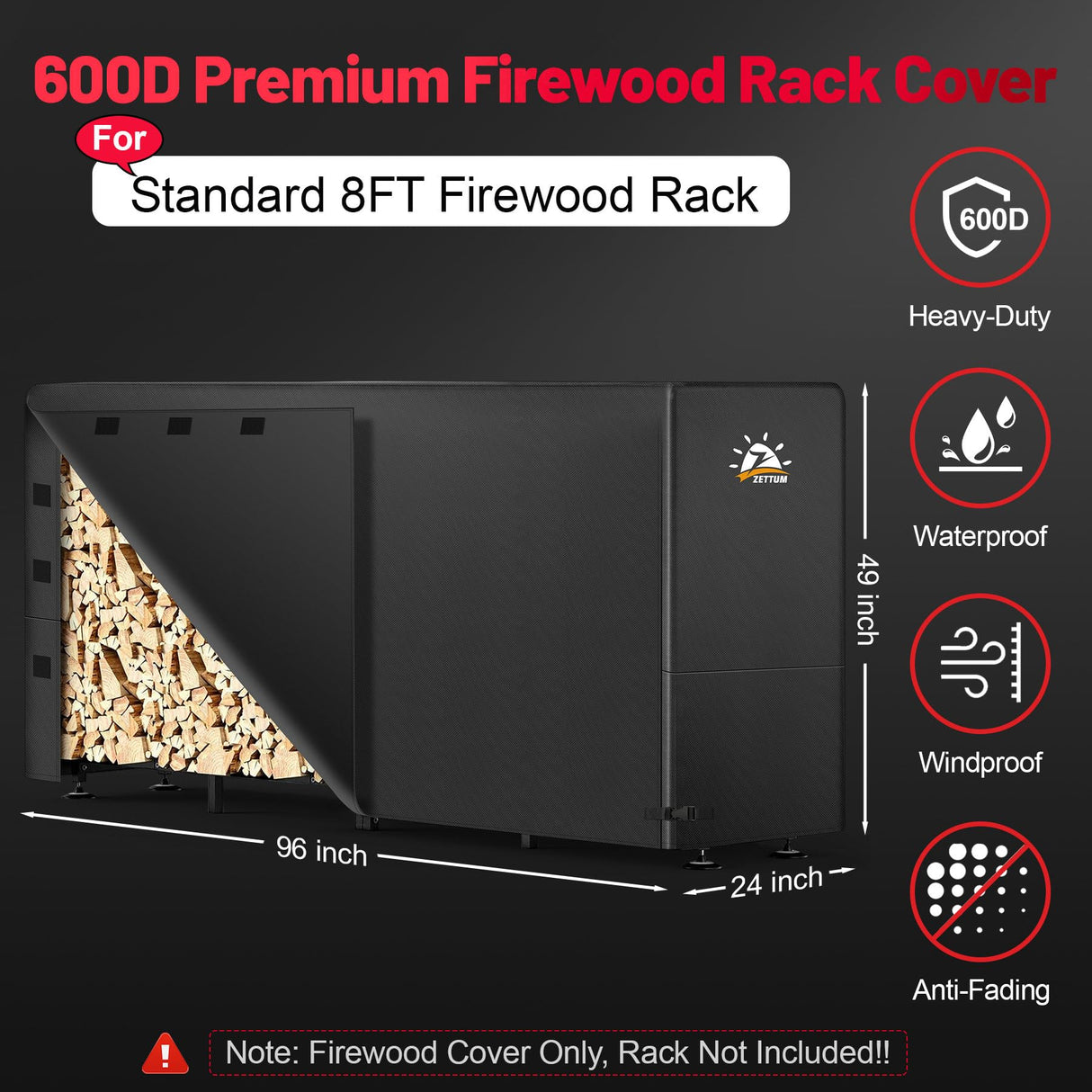 Zettum Firewood Rack Cover 8 Feet - 600D Wood Rack Cover Waterproof & Heavy Duty, 8 Foot Outdoor Log Pile Holder Covers Storage for 8FT Standard Fire Wood Rack Stands (96 x 24 x 49 Inch) Zettum