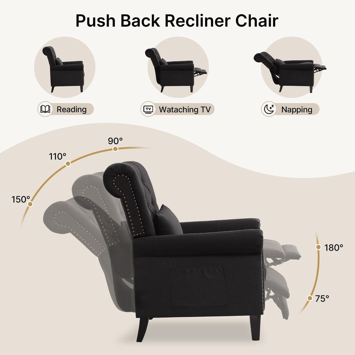 choairy Pushback Recliner Chair, Accent Push Back Chair Set of 2 with Adjustable Footrest Wingback, Upholstered Linen Reclining Sofa with Side Pocket, Comfy Modern Armchair for Living Room, Black choairy