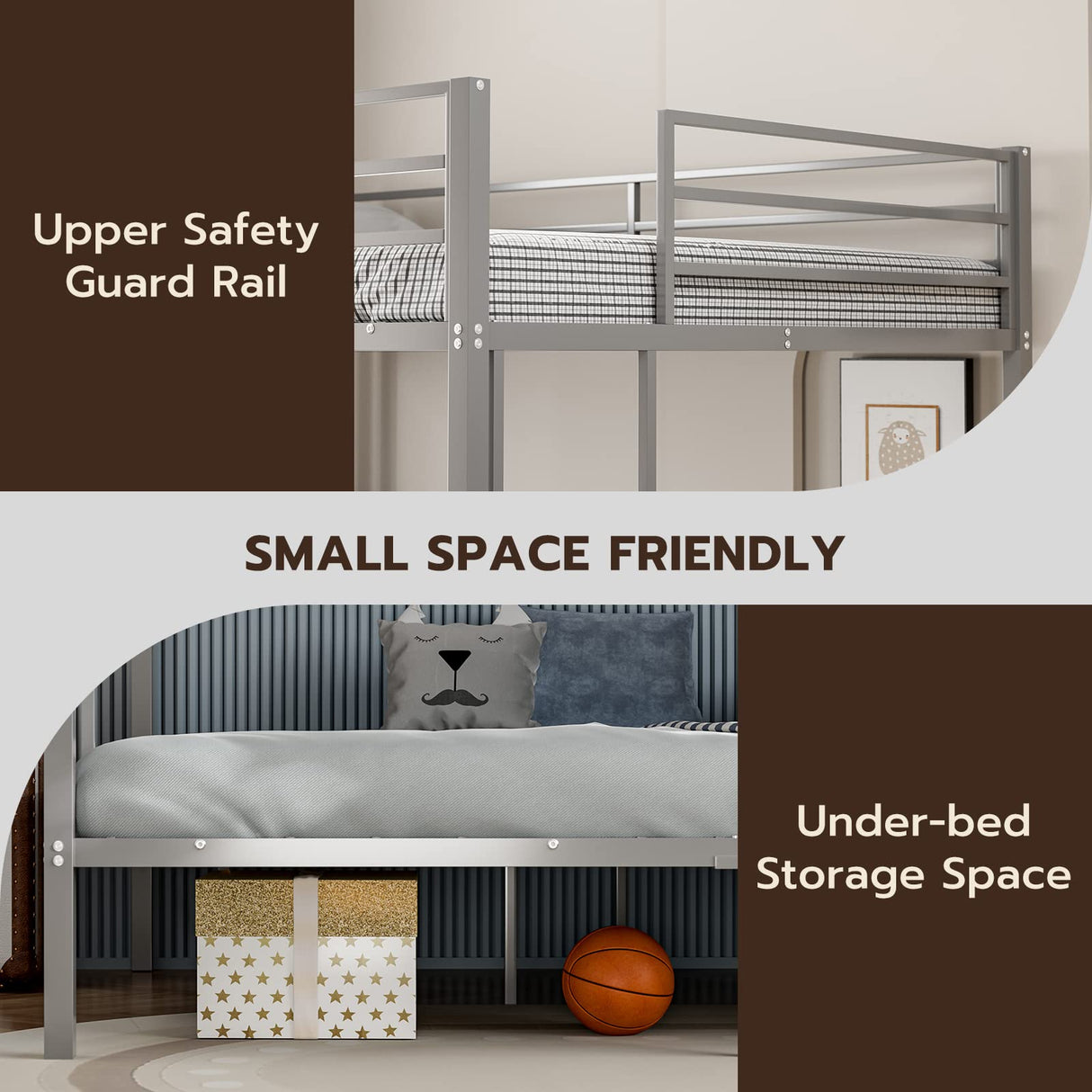 IKIFLY Full Over Full Bunk Beds with LED Lights and Charging Station, Heavy Duty Metal Full Size Bunk Bed Frame, Safety Guardrail & 2 Ladders, Space-Saving Design, No Box Spring Needed, Silver Grey IKIFLY