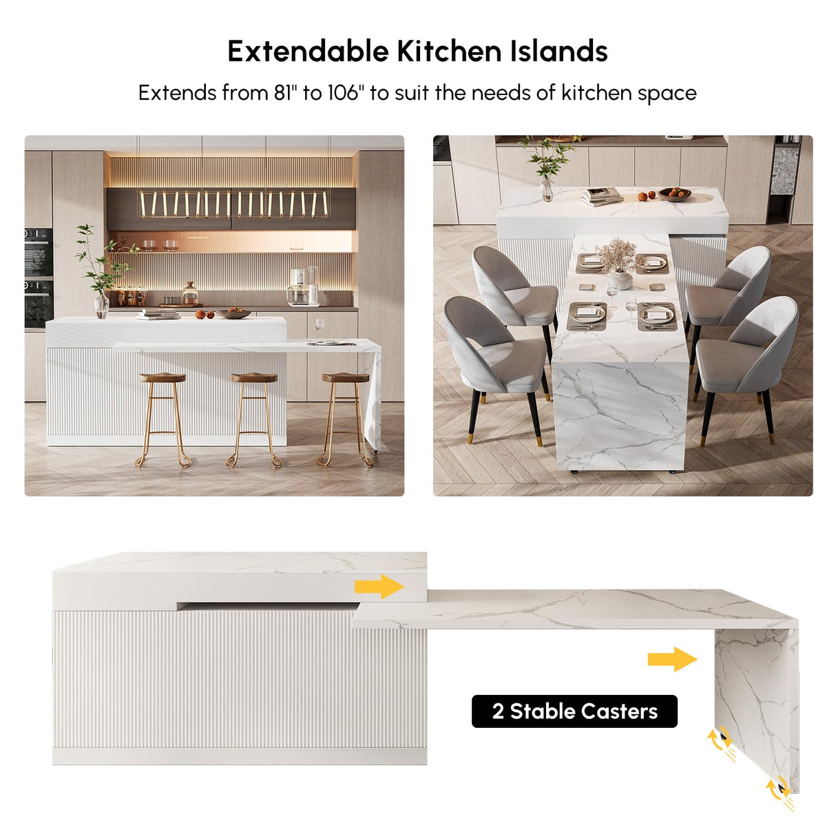 homary Kitchen Islands with Seating 81''-106" Extendable Kitchen Storage lsland with Doors&Drawers Marble Pattern Top homary