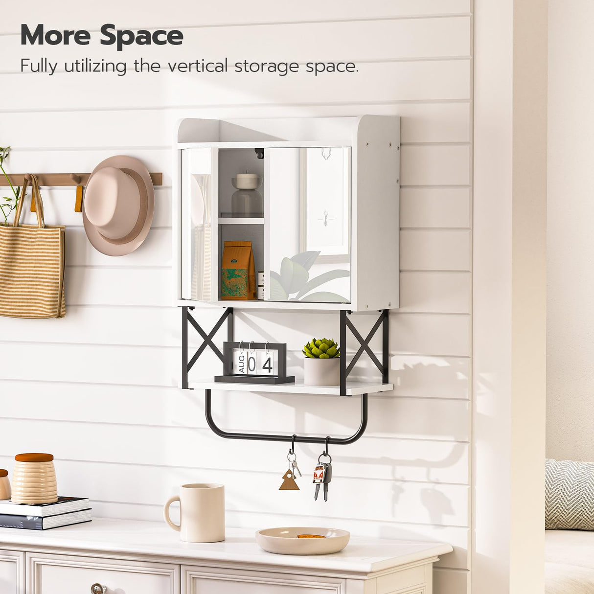 HOOBRO Medicine Wall Cabinet with Mirror, Bathroom Storage Cabinet with Hidden Space and Towel Bar, Double Mirrored Doors, Detachable Shelf, for Bathroom, Living Room, White BW41CW01 HOOBRO