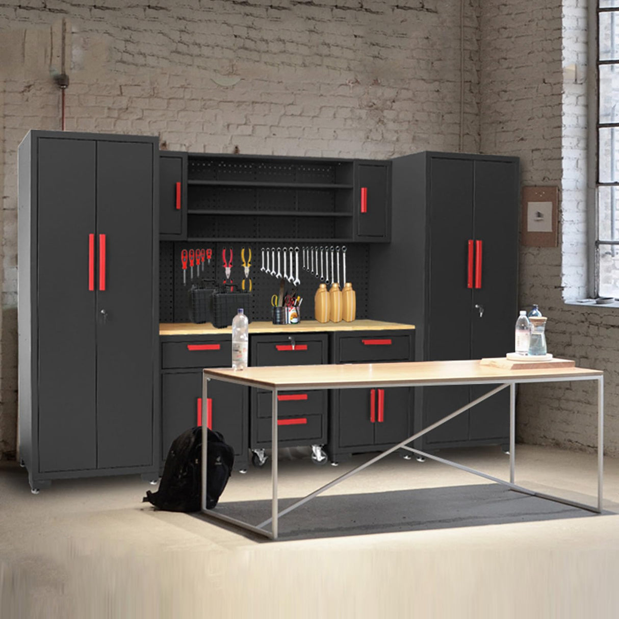 Torin Garage Storage Cabinets System, 8-Pcs Workshop Cabinet Set in Black, Included Steel Cabinets Drawers Rolling Chest and Pegboard,Locked Garage Storage Cabinet Torin