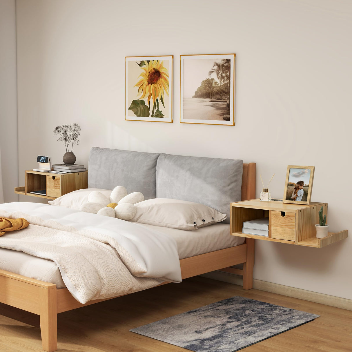 Afuly Floating Nightstand with Charging Station, Modern Night Stand with Drawer Wall Mounted Bedside End Table, Solid Wood Nightstand Side Table Shelf for Bedroom Natural Wooden Decor Afuly