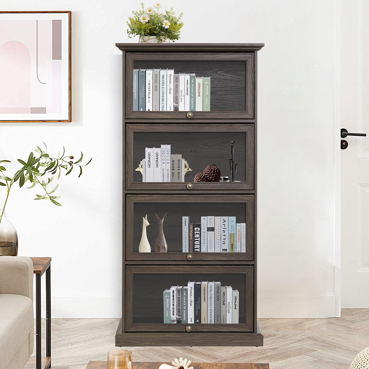 Plturdke Farmhouse Barrister Bookcase with Drawers Tall Bookshelf with Storage Kitchen Pantry Cabinet Curio Cabinet Display Cabinet with Flip up Glass Doors and Shelves Book Shelf for Bedroom (Brown) Plturdke