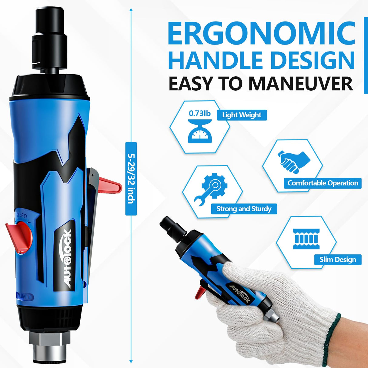 Autolock 1/4” Straight Air Die Grinder, 25000 RPM Pneumatic Die Grinder Tools with 1/4 Inch & 1/8 Inch Collets, Rear Exhaust Autolock