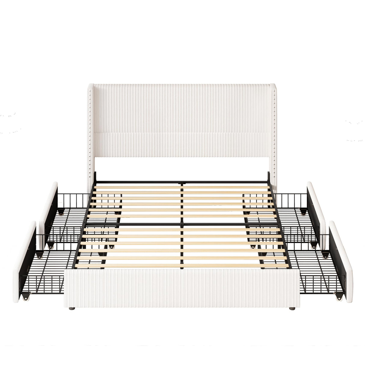 LARMACE King Size Bed Frame with 4 Storage Drawers Modern White Corduroy Upholstered Platform Bed Frame with Headboard Tufted Vertical Stripe &Wooden Slats Support, No Box Spring Need,Easy Assembly LARMACE