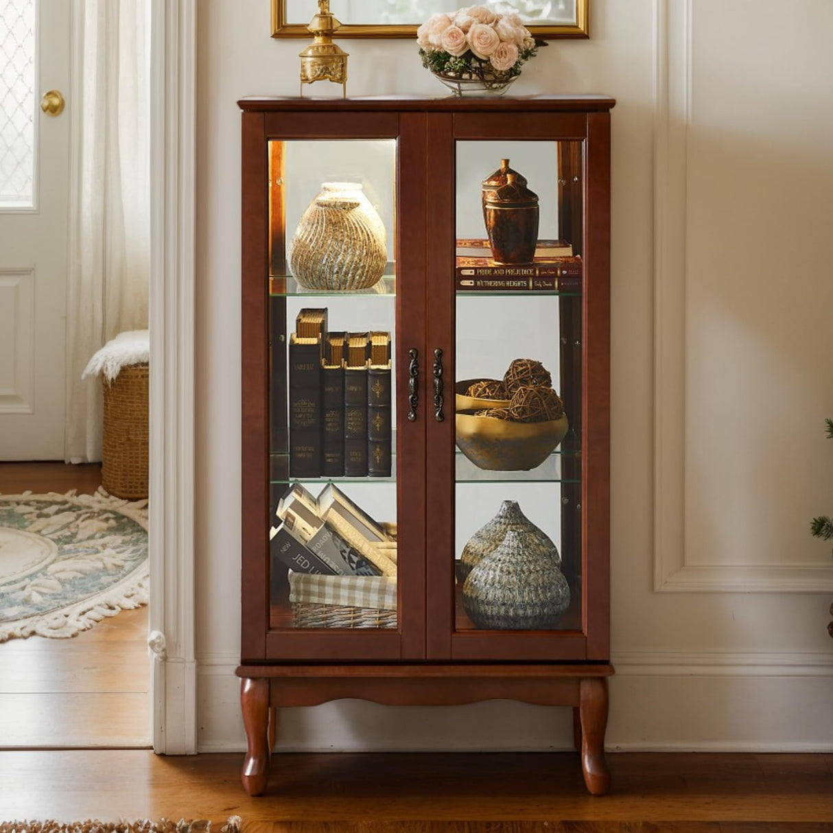 CKEASEAN Lighted Curio Cabinet with 3-Tier Adjustable Shelves and Mirrored Back Panel, 44" H Glass Display with Tempered Glass Doors, China Cabinet for Living Room (Light Bulb not Included) (Walnut) CKEASEAN